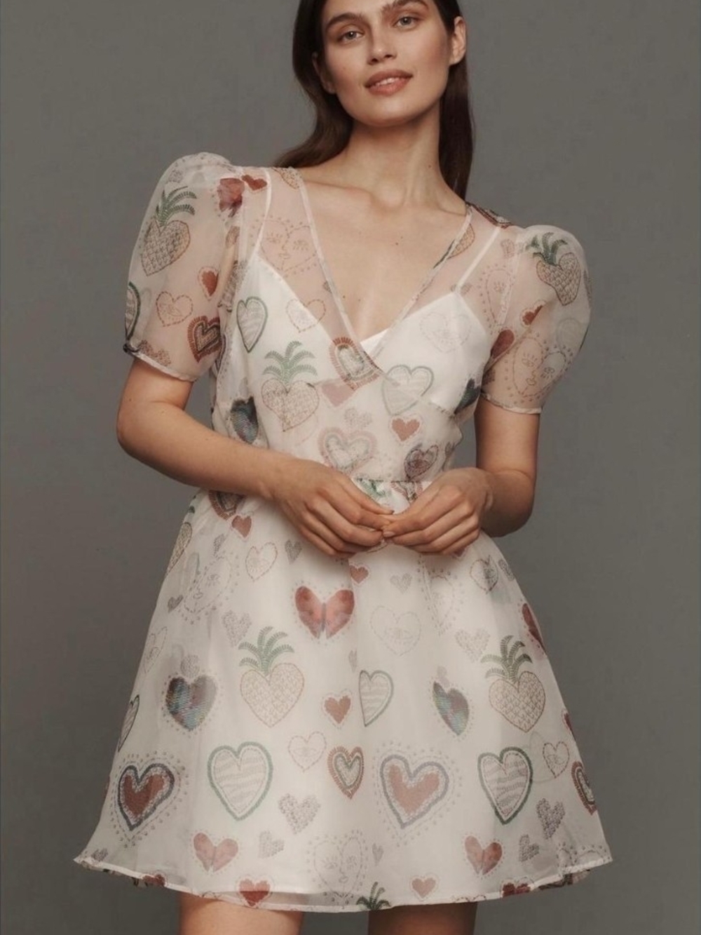 Farm Rio x Anthropologie Semi-Sheer Puff-Sleeve Mini Heart Dress